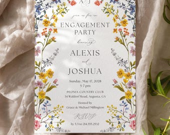 May include: A floral engagement party invitation with a watercolour design featuring yellow, pink, blue, and green flowers. The invitation reads "Join us for an Engagement Party honouring Alexis and Joshua" with the date, time, and location of the event. RSVP information is included at the bottom.