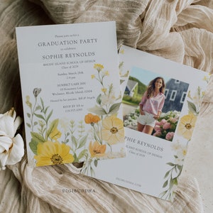 Modello di invito alla festa di laurea di fiori selvatici, annuncio di laurea in acquerello, invito di laurea Boho, invito di laurea con foto, C18