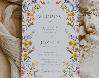Secret Garden Wedding Suite Template, Field Flowers Wedding Invite, Summer Wildflower Wedding Invitation Set, Boho Wedding Suite, CANVA, C88