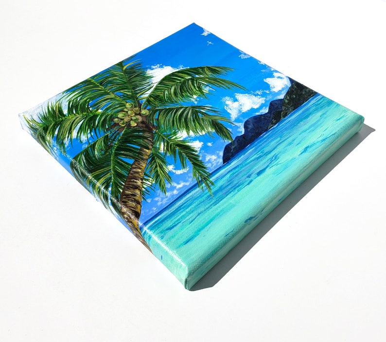 Palm Tree Original Painting, Tropical Beach Art on 8x8 Canvas, Tropical ...