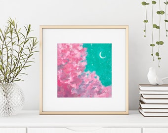 Pink Clouds Art Print, Dreamy Sky Painting, Moon Home Decor