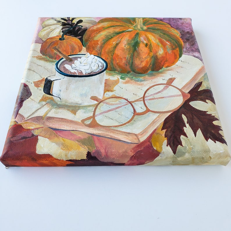 8x8 Autumn original painting on canvas hot chocolate cozy time book /& glasses art pumpkin painting fall home decor leaves interior get cozy