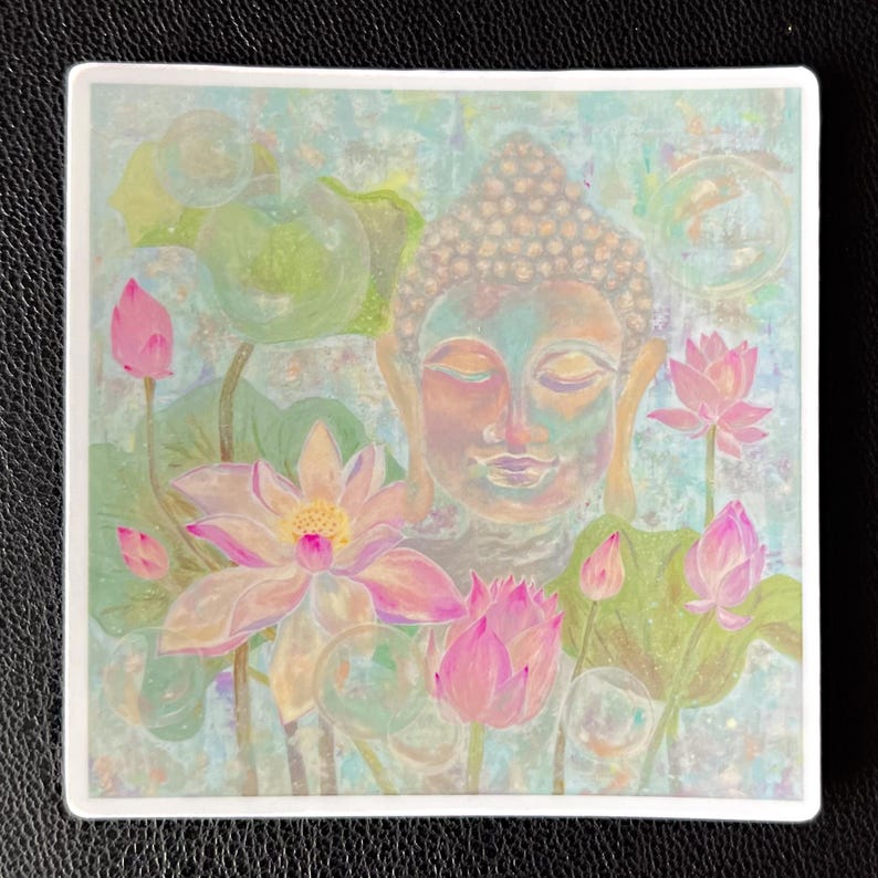 May include: A watercolor painting of a serene Buddha surrounded by pink lotus flowers. The background is a soft blue and green with a watercolor effect.