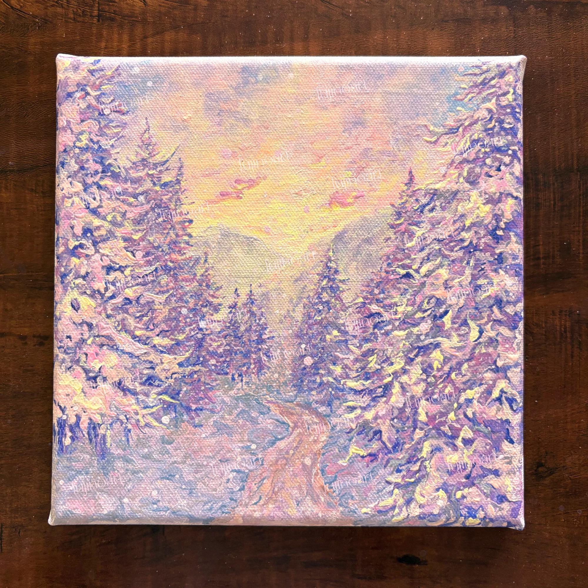 Pink Winter Landscape Painting, Pastel Snow Trees Art, Original Canvas ...