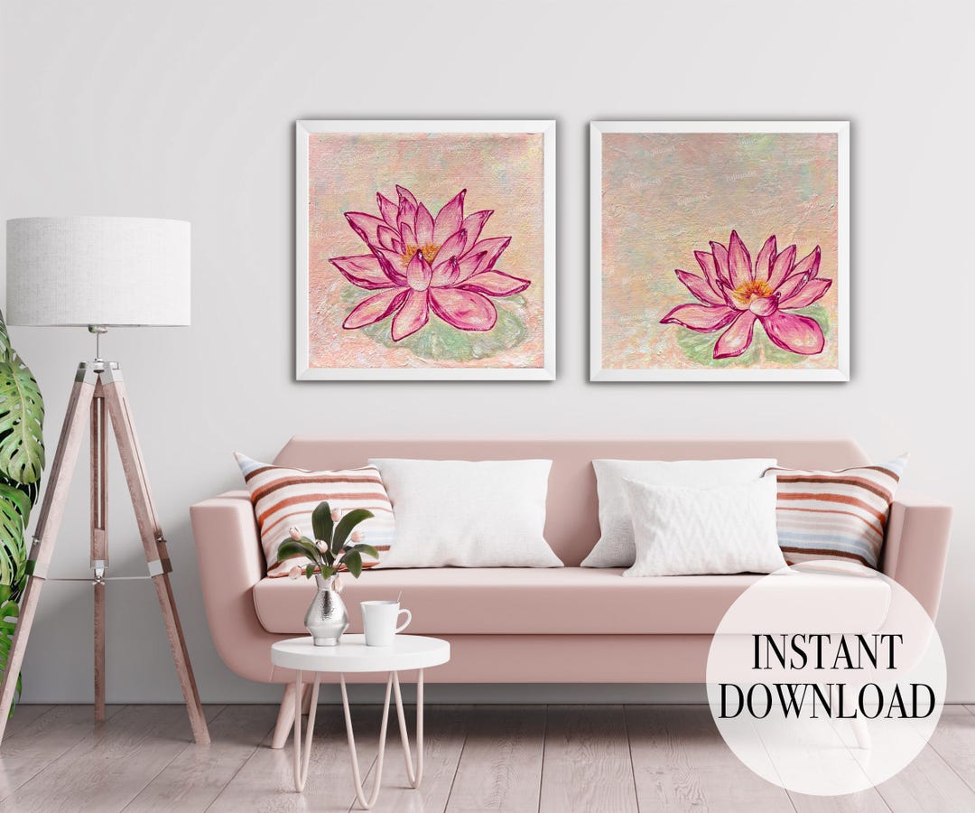 Pink Lotus Flower Art Print Set, Zen Pastel Wall Decor (digital ...
