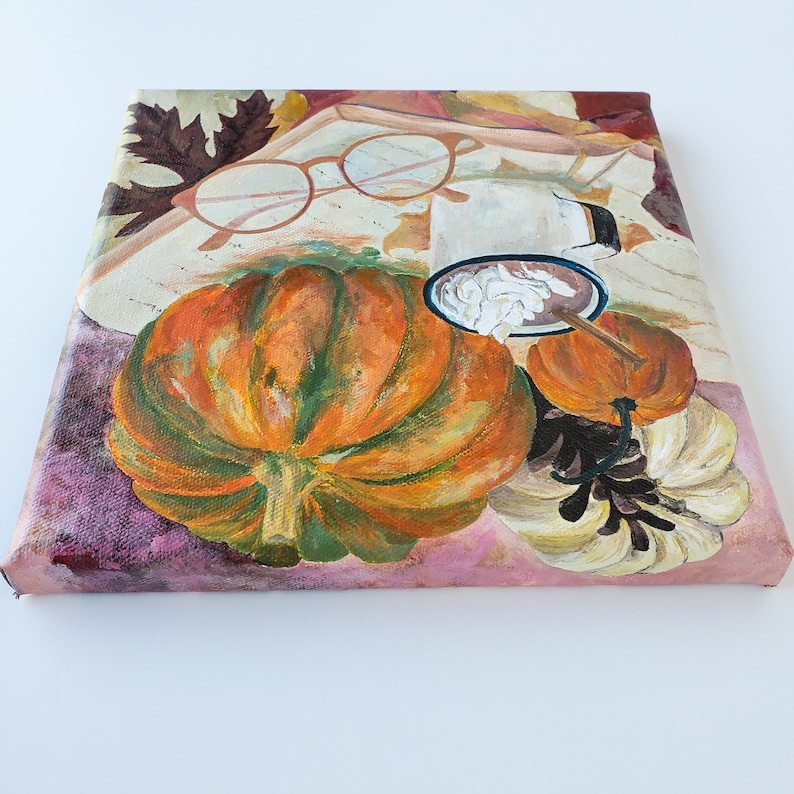 8x8 Autumn original painting on canvas hot chocolate cozy time book /& glasses art pumpkin painting fall home decor leaves interior get cozy