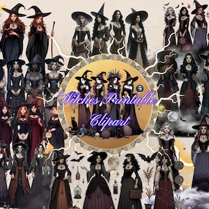 Vintage Witch Clipart Set, Printable Witch Clipart, Witch Stickers,Halloween Digital Download,Witch Clipart Png, AI Clipart