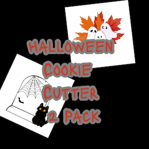 May include: Two Halloween-themed cookie cutter designs on white backgrounds. One features a tombstone with a spiderweb and bat, and a black cat. The other shows three ghosts with fall leaves. Text reads "Halloween Cookie Cutter 2 Pack."