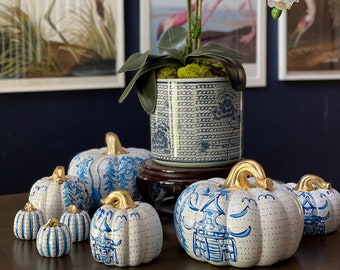 Chinoiseries Citrouille, Bleu et blanc, Décoration d'automne, Décoration peinte à la main, Pot de gingembre, Pagode, Décoration de citrouille