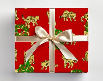 Red Leopard Gift Wrap, Pink Chinoiserie Gift Wrap, Leopard Print, Christmas Wrapping Paper, Animal Print, Gift for her, Christmas Gift