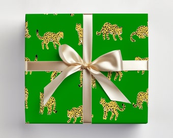 Green Leopard Gift Wrap, Pink Chinoiserie Gift Wrap, Leopard Print, Christmas Wrapping Paper, Animal Print, Gift for her, Christmas Gift,