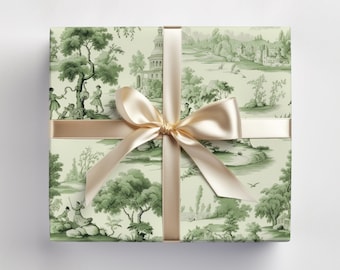 Green Toile Gift Wrap Sheets | Sage French Country Wrapping Paper