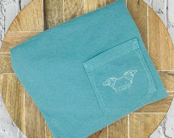 Personalized Embroidered Dog Ear Pocket Tee | Comfort Colors | Custom | Dog Name | Breed | Gift | Dog Ear Silhouette | Pet Name | Dog Mom