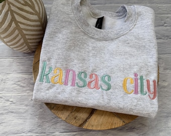 Kansas City Sweatshirt | Embroidered KC Sweatshirt | Kansas City Shirt | Chiefs Football Sweatshirt | Embroidered Crewneck | Colorful