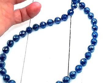 Dark Blue Agate beaded choker necklace, natural faceted gemstone jewelry, Mom gift