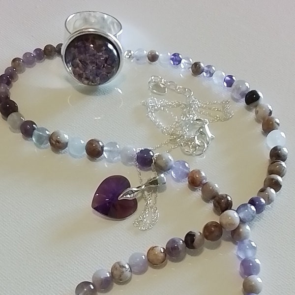 Amethyst  and silver jewelry set. Amethyst  Crystal heart necklace  amethyst flower beaded necklace  amethyst fire opal ring