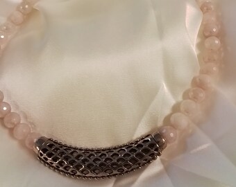 Rose quartz necklace silver mesh pendant necklace  unique necklace