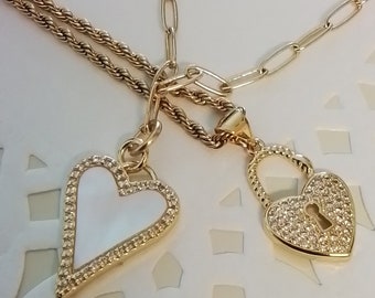 Heart charm necklaces, heart paperclip necklace,  gold rope heart necklaces, small pendant necklaces