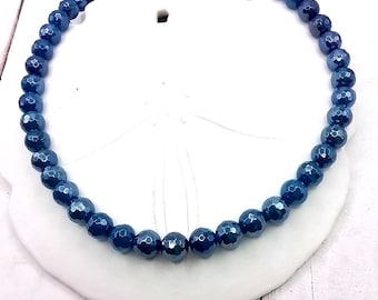 Dark Blue Agate beaded choker necklace, natural faceted gemstone jewelry, Mom gift