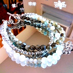 Moonstone & Labradorite Three-Strand Bracelet: Silver Key Dangle