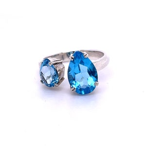 Sterling Silver - Double Tear Drop Blue Topaz Ring