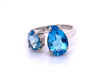 Sterling Silver - Double Tear Drop Blue Topaz Ring