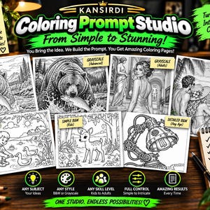 Könnte beinhalten: Eine Werbetafel für das Kansirdi Coloring Prompt Studio mit verschiedenen schwarz-weißen Malvorlagen, darunter ein Bär, eine Frau in einer Galerie, ein Paar am Strand, ein Kind mit Enten, ein Rehkitz und eine Steampunk-Lampe auf einem Holztisch.