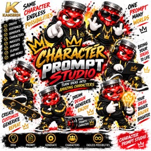 May include: A graphic design featuring the text Character Prompt Studio with multiple red jar-headed characters in black hoodies. The characters are shown skateboarding, using a laptop, and holding a lightbulb. The background includes paint splatters and various text elements like Same Character Endless Possibilities and One Prompt Many Worlds.