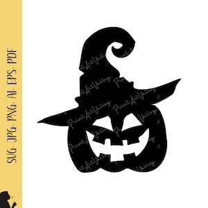 Puede incluir: Una silueta negra de una calabaza de Halloween con un sombrero de bruja. La calabaza tiene una cara tallada con una sonrisa amplia y dentada. La imagen es un diseño digital, adecuado para varios proyectos de manualidades.