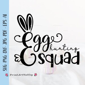 Puede incluir: Diseño gráfico en blanco y negro con orejas de conejo y el texto "Egg hunting squad".