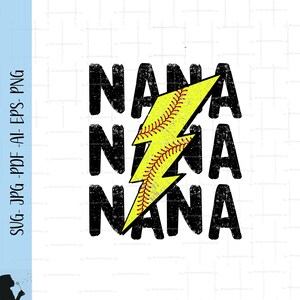 Softball Nana Lightning Bolt Svg Softball Nana Png Distress Design Regalo per la nonna Lightning Bolt Gioco Giorno Fai da te Softball Nana T Shirt Regalo