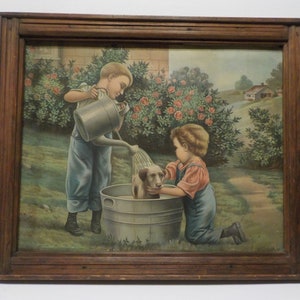 Vintage Dog Bath Lithograph With Beautiful Original Wood Frame