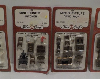 Vintage Miniature Doll Furniture Fibre Craft Material Corporation 4 Complete Rooms