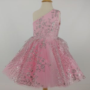 Handmade One-Shoulder Flower Girl Dress: Pink Sparkle Tulle