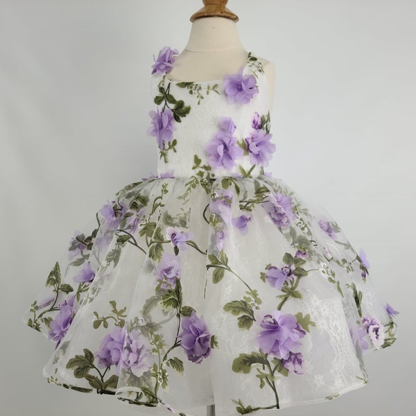 Flower girl dress, Lavender birthday dress 3D floral for girl, Fancy baby dress for girl with organza