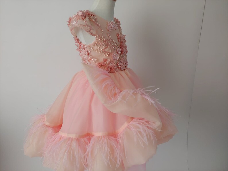 Flower Girl Dress Feathers Birthday Dress Girl Party Pink Etsy