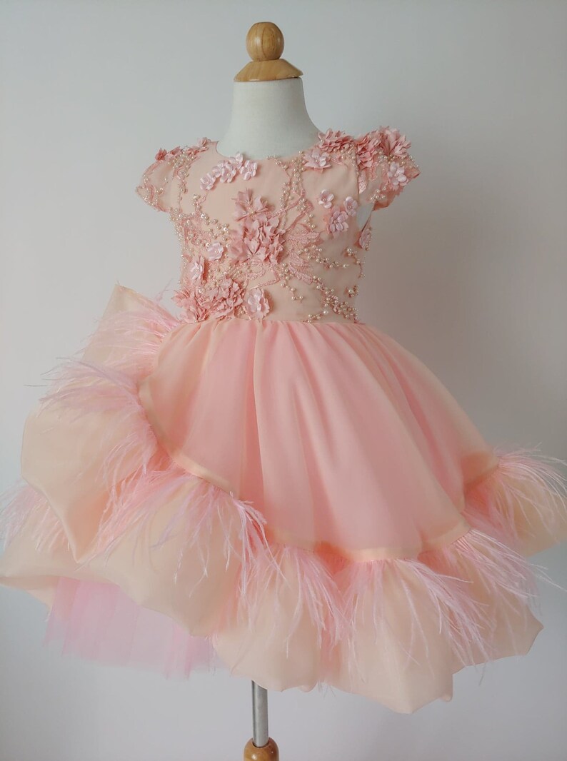Flower Girl Dress Feathers Birthday Dress Girl Party Pink Etsy