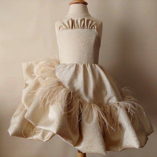 Flower girl dress with feathers,  Ivory Fancy dress girl, Pageant toddler dress