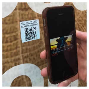 Vegan QR code climate emergency stickers “What they don’t want you to know about climate change” - Cowspiracy in 5 minutes