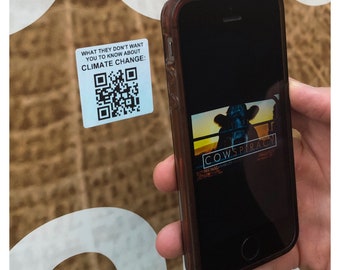 Vegan QR code climate emergency stickers “What they don’t want you to know about climate change” - Cowspiracy in 5 minutes