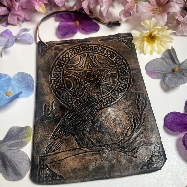 Raven w/Pentacle - Brown Leather Embossed Pouch
