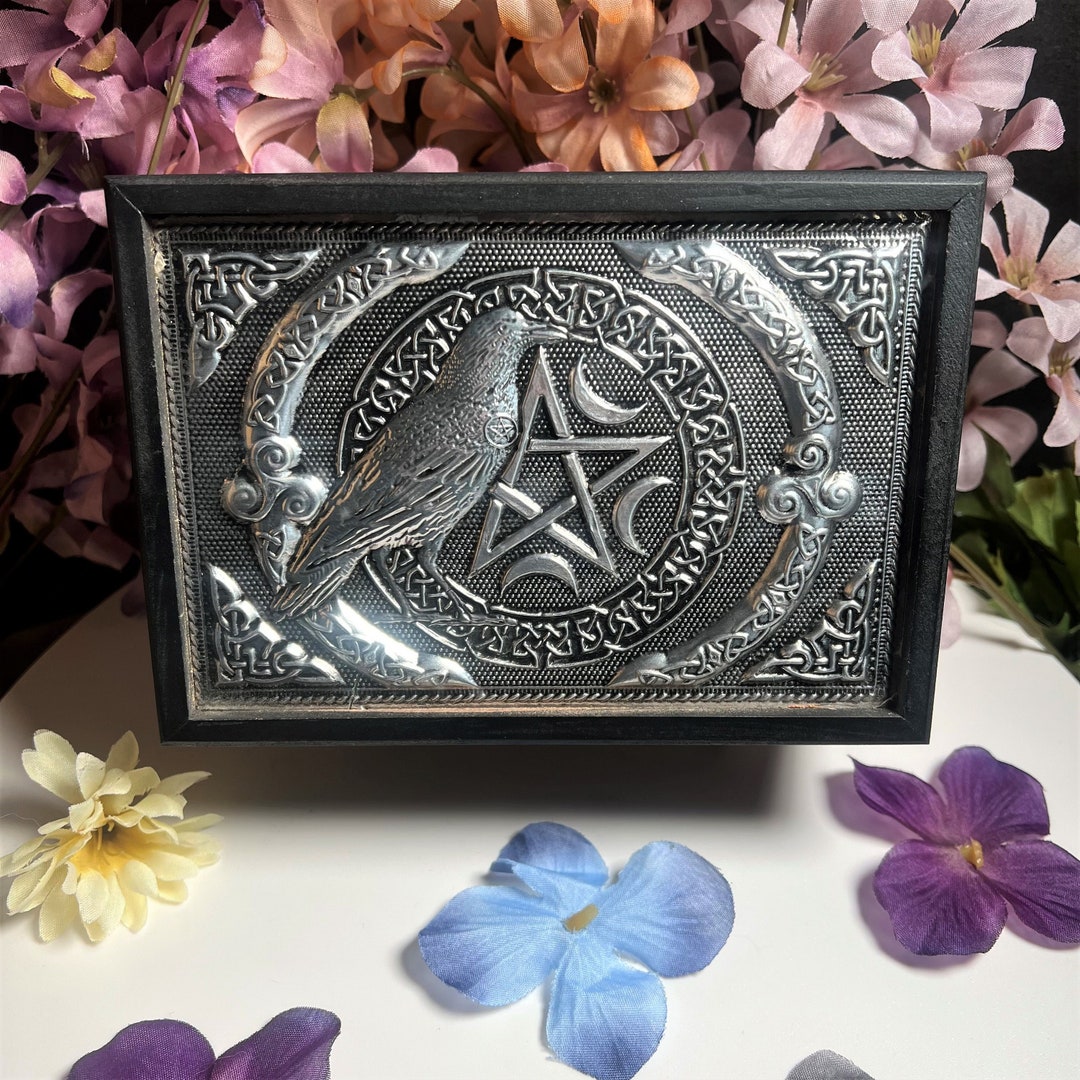 Wood Box With Silver Metal Embossed Inlay LID - RAVEN & PENTACLE - Etsy