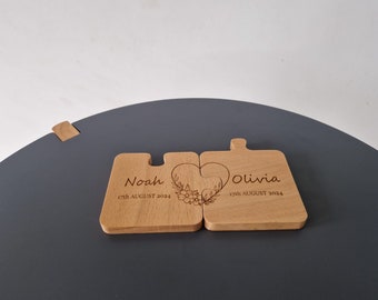 Personalised Couples Coaster Set, Engraved Jigsaw Wooden Coaster, His Her Gift, Mr Mrs Gift, Wood Anniversary Wedding Gift, Set Of 2