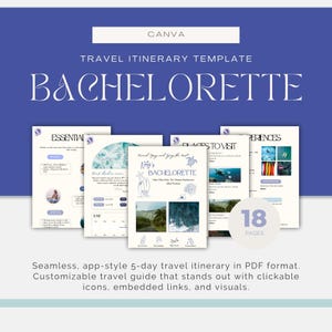 Pode incluir: Um modelo de itinerário de viagem intitulado "Bachelorette" com o logotipo Canva. O design apresenta várias páginas com imagens e texto com tema de viagem, incluindo "Essential" e "Places to Visit". O modelo é descrito como um itinerário de 5 dias em formato PDF.