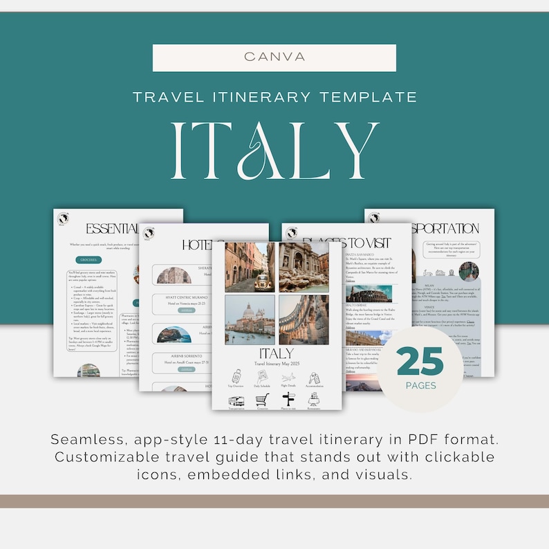 Italy itinerary | digital travel guide | interactive itinerary | Canva travel template
mobile itinerary app | editable trip planner | Europe trip planner
Amalfi Coast guide | Cinque Terre itinerary | Tome travel guide | Venice itinerary
Italy honeymoon guide | digital trip planner

Interactive Italy Itinerary | 11-Day Trip Guide | Mobile Travel PDF | Milan, Venice, Amalfi, Rome | Editable in Canva | Works Like an App