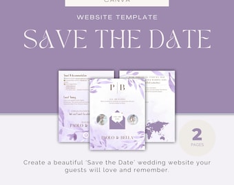 May include: A lavender website template with the text "SAVE THE DATE" in white. The image shows three sample pages with wedding details and the text "PAOLO & BELLA". The Canva template has 2 pages.