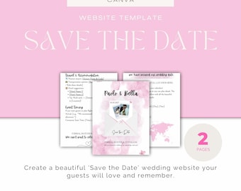 May include: A pink Canva website template with the text "SAVE THE DATE". The design includes wedding invitation pages with the names "Paolo & Bella" and the date "05.03.2027". The template has a watercolor effect.