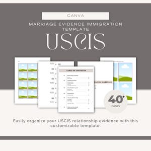 Könnte beinhalten: Eine Vorlage für Heiratsnachweise und Einwanderung, mit dem Text "USCIS" und "40+ PAGES". Die Vorlage enthält Seiten mit Foto-Platzhaltern und einem Inhaltsverzeichnis. Der Text "Organisieren Sie Ihre USCIS-Beziehungsnachweise einfach mit dieser anpassbaren Vorlage" ist ebenfalls sichtbar.