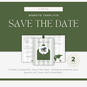Op de afbeelding: Een groene en witte trouwwebsite-sjabloon met de tekst "SAVE THE DATE". De sjabloon bevat een uitnodigingsontwerp met een foto en de namen "Paolo & Bella". Het ontwerp toont ook een wereldkaart en de tekst "2 PAGES".