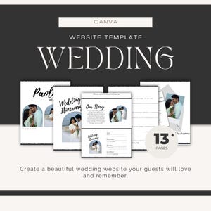 May include: A website template design with the word "WEDDING" in large, elegant font. The design includes sample pages with wedding photos and text, and the text "13+ PAGES". The Canva logo is at the top.